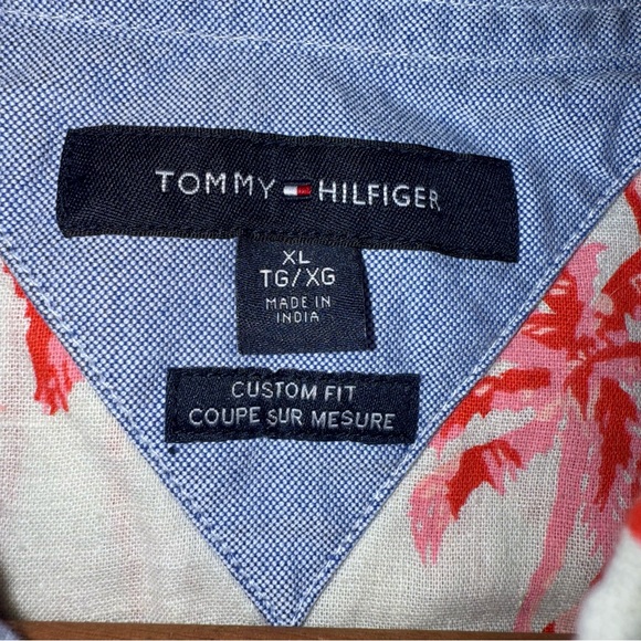 Tommy Hilfiger Shirt Men's XL Red Pink Palm Tree Print Linen Logo Short Sleeve - Picture 5 of 7